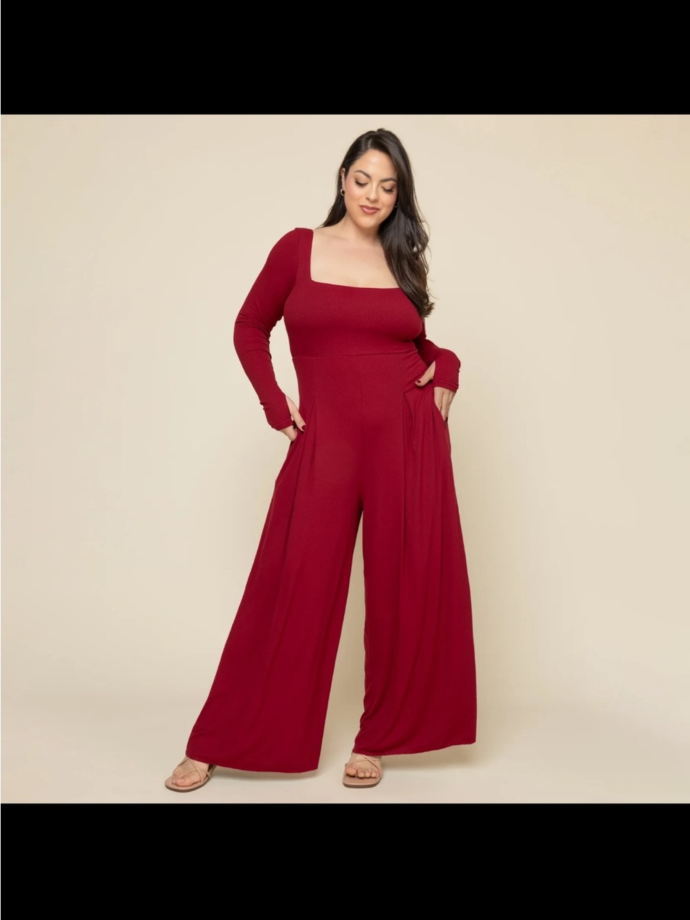 Magic Burgundy Square-Neck Long Sleeve Wide-Leg Jumpsuit